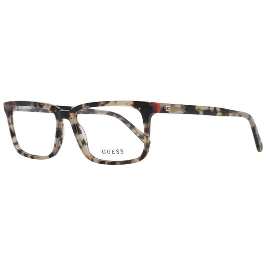 Guess Brown Men Glasses Frame, full-rim rectangle style, plastic material, brown color with demo lenses, includes branded case, spring hinge