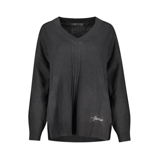 Guess Jeans Black Cotton Sweater with V-neck, long sleeves, contrasting details, and logo accent.