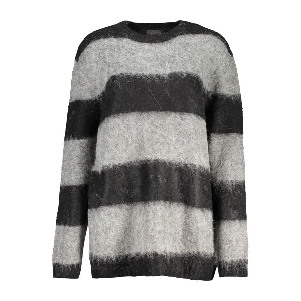 Guess Jeans Black Polyester Sweater with striped long sleeves and crew neck, featuring a logo.