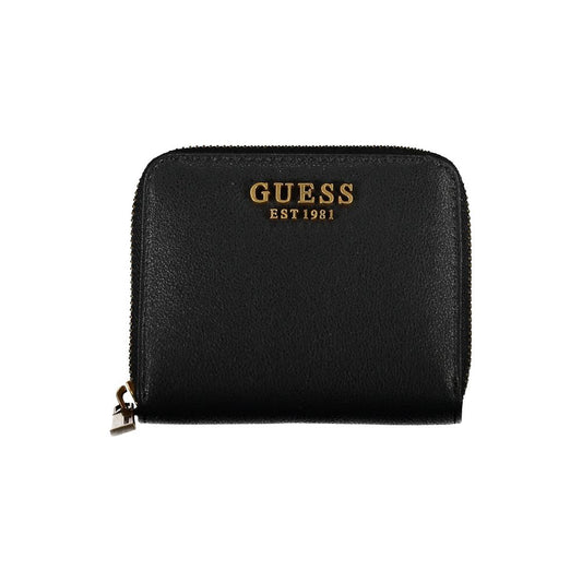 Guess Jeans Black Polyethylene Wallet with zip closure, card spaces, and coin purse featuring a prominent logo.