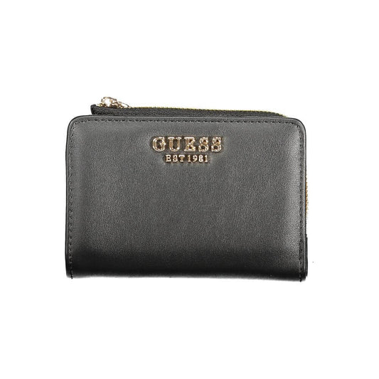 Guess Jeans Black Polyethylene Women Wallet with zip and snap closure, featuring multiple compartments and a coin purse for essentials.