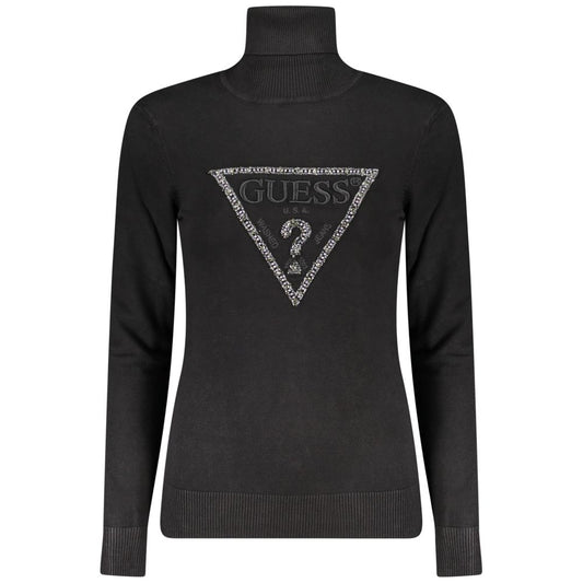 Guess Jeans Black Viscose Women Sweater with embroidered logo and rhinestones, chic turtleneck design for sophisticated style.