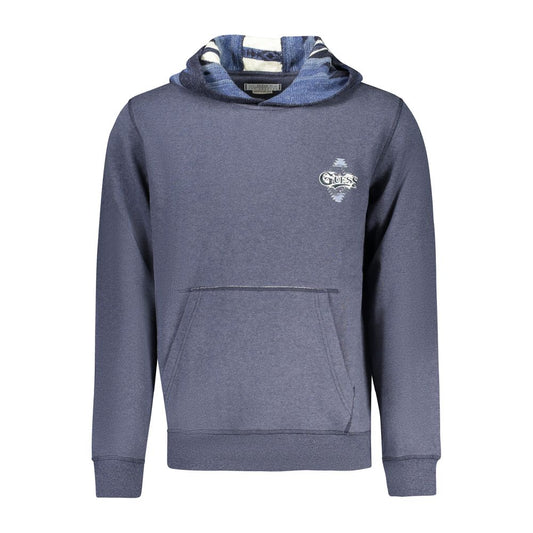 Guess Jeans Blue Cotton Men Sweater with hood and kangaroo pocket, featuring brand logo, bold print, and embroidery. Casual sophistication.