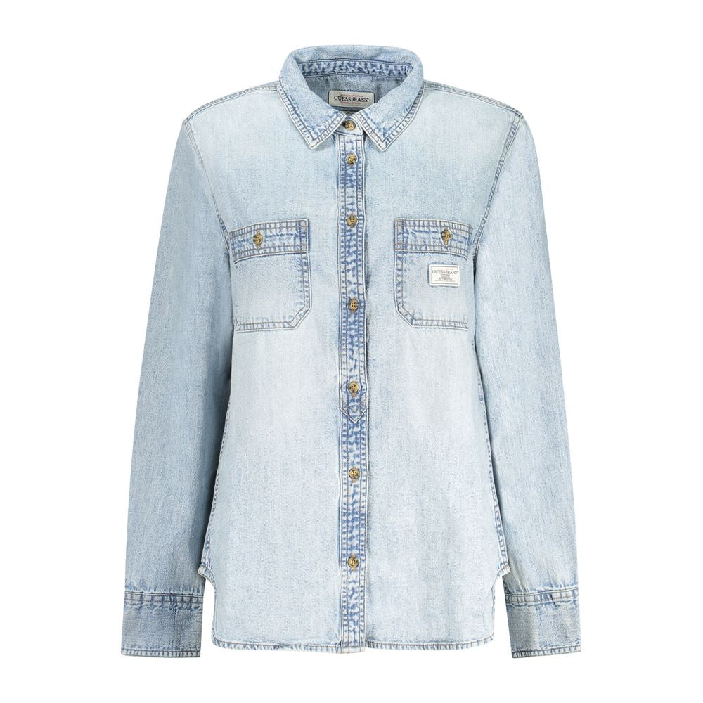 Guess Jeans Blue Cotton Shirt, long-sleeved denim with Italian collar, classic fit, washed effect, two pockets.