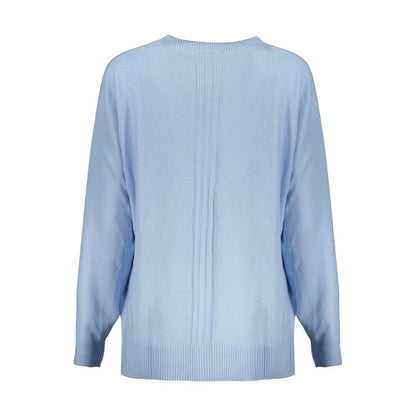 Guess Jeans Blue Cotton Sweater, long sleeved V-neck with contrasting details and logo on back view.