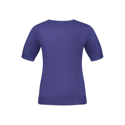 Back view of Guess Jeans Blue Viscose Women Sweater with short sleeves and classic crew neck.