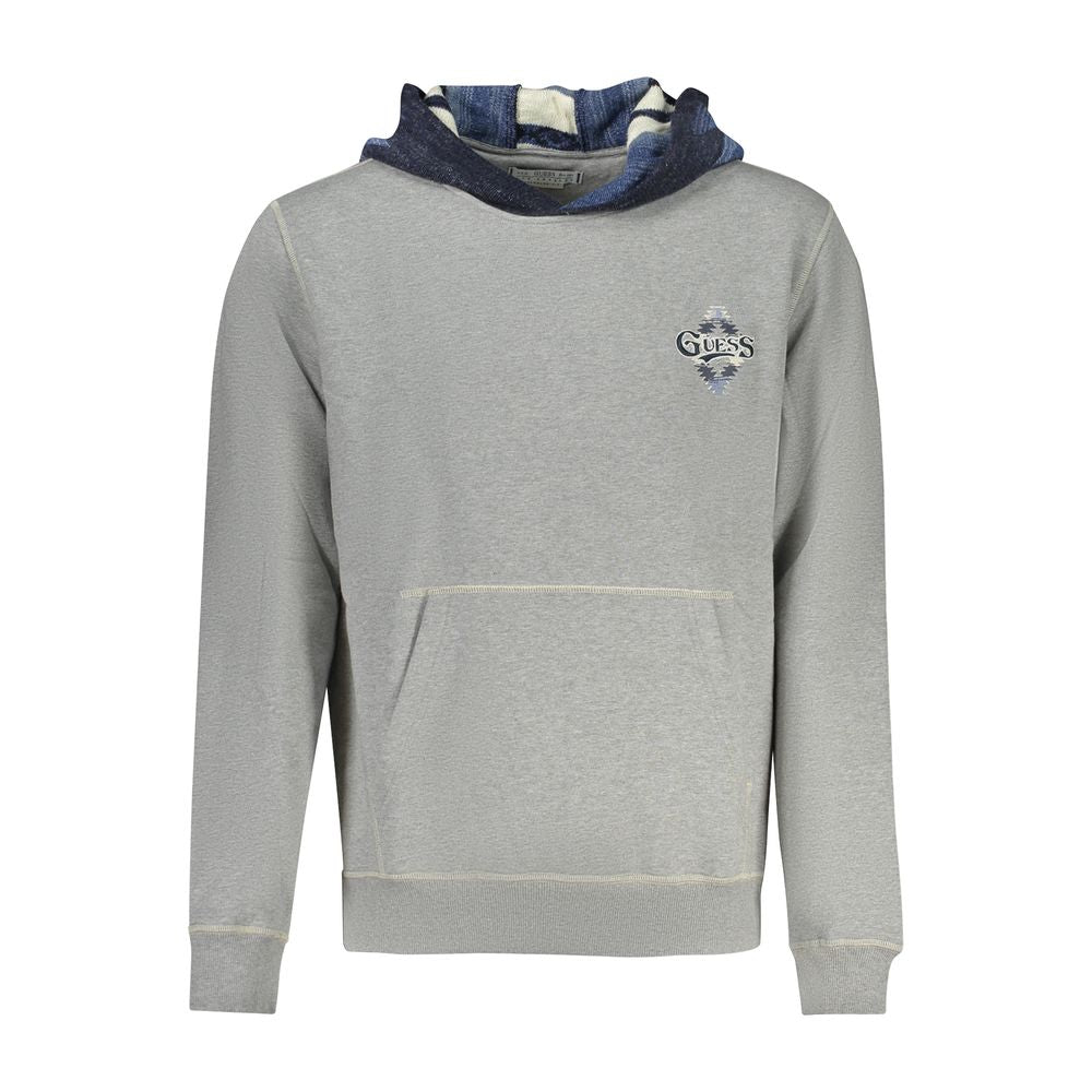Guess Jeans Gray Cotton Men Sweater with hoodie and embroidered logo, featuring cozy long sleeves and a central pocket for essentials.
