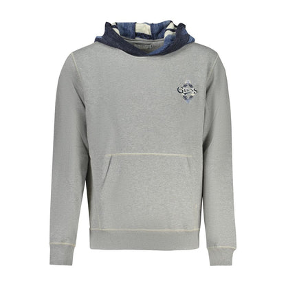 Guess Jeans Gray Cotton Men Sweater with hoodie and embroidered logo, featuring cozy long sleeves and a central pocket for essentials.