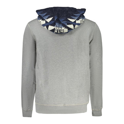 Back view of Guess Jeans Gray Cotton Men Sweater with patterned hood, featuring iconic embroidery logo and pocket detail.