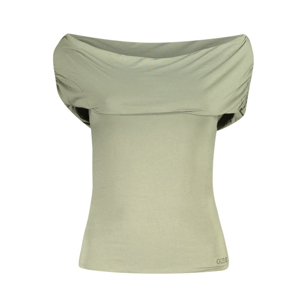 Guess Jeans Green Modal Women T-Shirt, off-the-shoulder style with rhinestone logo, perfect for stylish comfort and standout fashion.