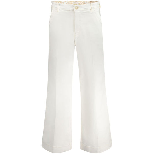 Guess Jeans White Cotton Women Jeans with relaxed high denim fit, button-and-zip fly, white color, and iconic Guess logo.