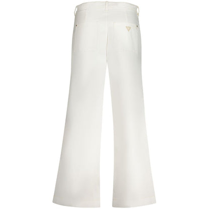 Guess Jeans White Cotton Women Jeans with back view of high-waisted relaxed fit, four pockets, button-zip fly, and iconic logo.