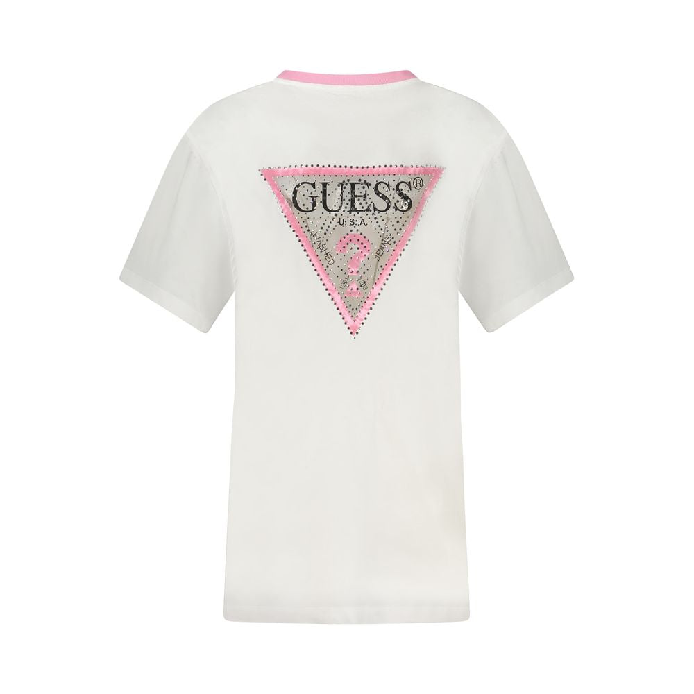 Guess Jeans White Cotton Women T-Shirt with rhinestone embellishments, organic cotton, and classic Guess logo.