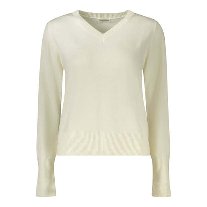 Alt Tag: Guess Jeans White Wool Sweater with V-neck, long sleeves, and logo embroidery.