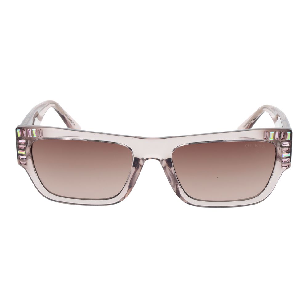 Guess Pink Women Sunglass in full-rim rose frame with brown gradient lenses, 100% UVA & UVB protection, includes branded case.