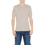 Hamaki-Ho Beige Cotton Sweater on model, short-sleeved, crew neck, perfect for spring and summer style.