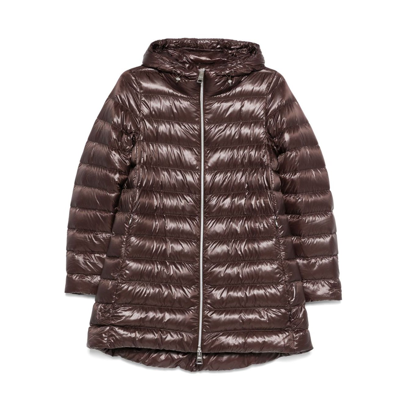 Herno Coats Brown, chocolate brown midi down jacket with high-shine finish, two-way zip and drawstring hood, featuring side zip pockets.