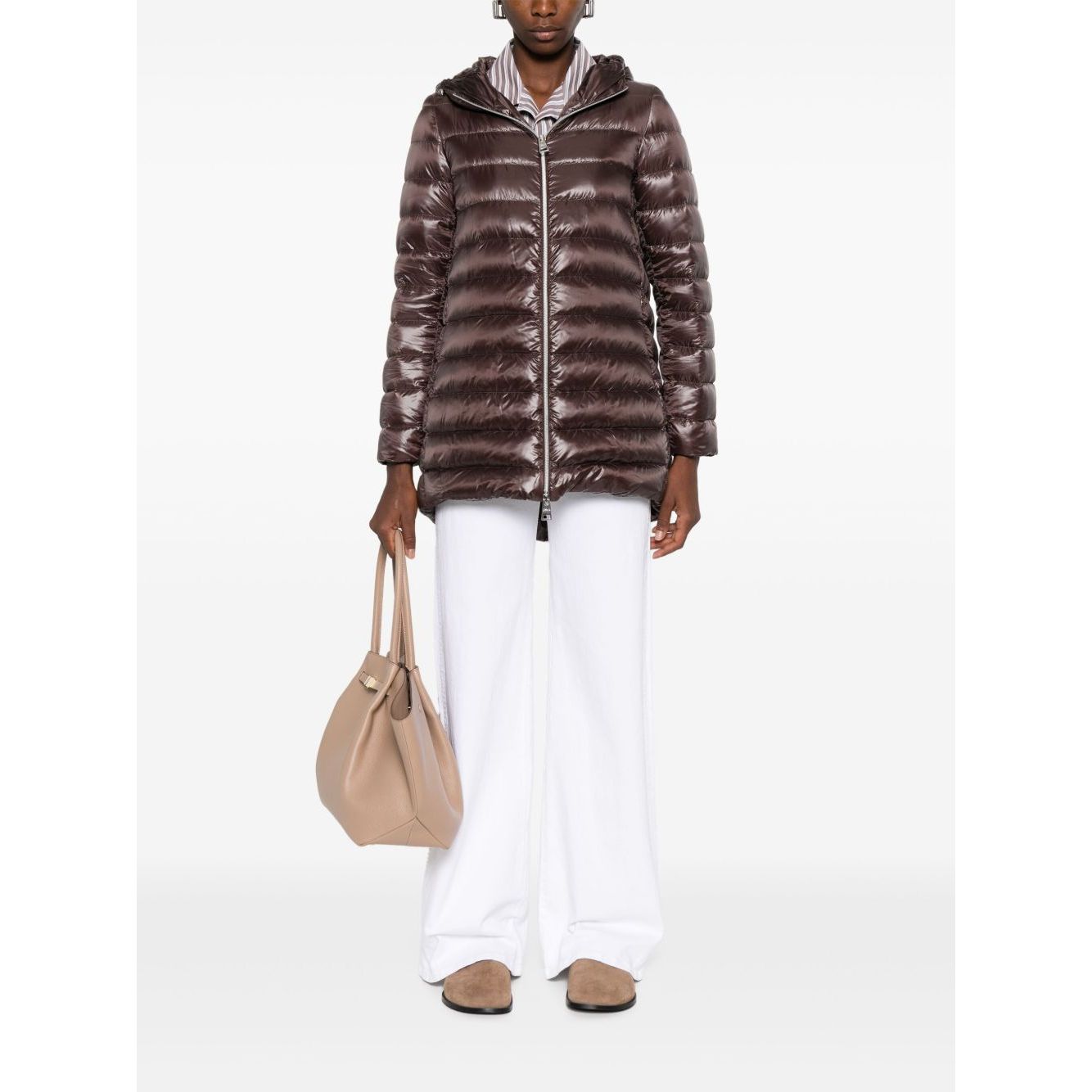 Herno Coats Brown - chocolate brown midi down jacket with two-way zip, high-shine finish, and drawstring hood, styled with white pants.