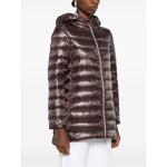 Herno Coats Brown chocolate front-zip high-shine A-shape midi down jacket with drawstring hood and side zip pockets.