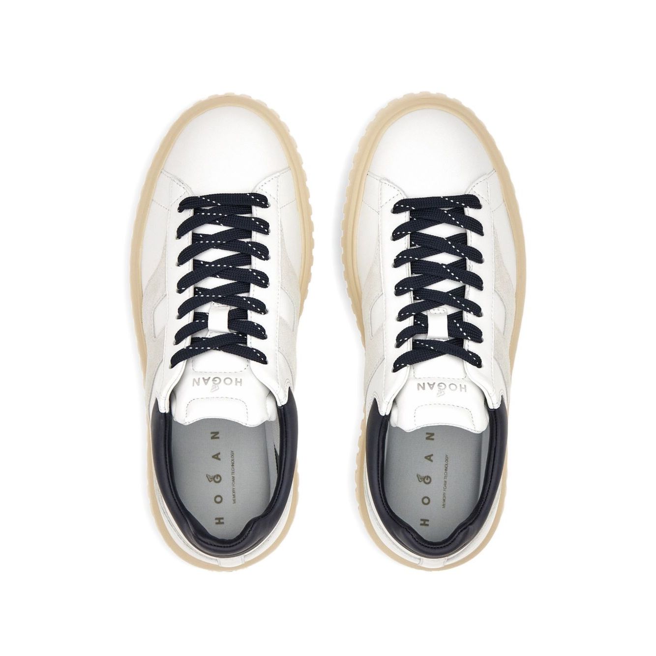 Top view of Hogan Pre Sneakers Hogan H-Stripes featuring white leather with black laces, logo patch, and branded insole.