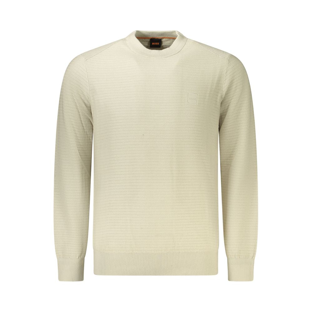 Hugo Boss Beige Cotton Men Sweater featuring a long-sleeved design with subtle logo on the crew neck, made from cotton and cashmere blend.