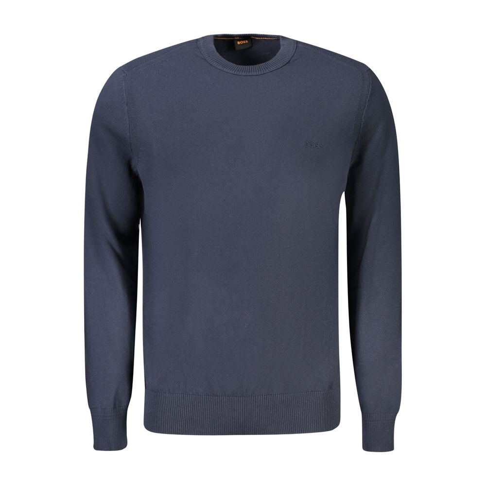 Hugo Boss Blue Cotton Sweater, long sleeved, crew neck, featuring embroidery and logo.