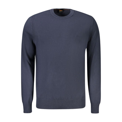 Hugo Boss Blue Cotton Sweater, long sleeved, crew neck, featuring embroidery and logo.