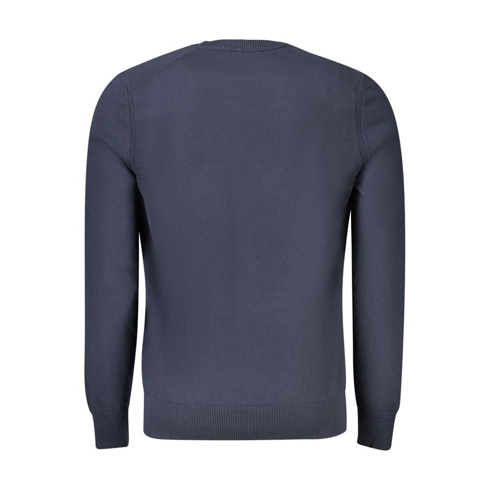 Hugo Boss Blue Cotton Sweater - Long sleeved, crew neck, embroidery logo, back view