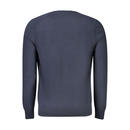 Hugo Boss Blue Cotton Sweater - Long sleeved, crew neck, embroidery logo, back view