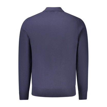 Hugo Boss Blue Wool Mens Sweater, back view showcasing luxury style with 60% wool for comfort and warmth.