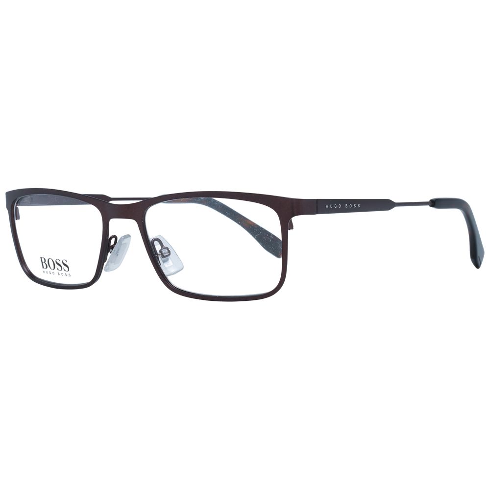 Hugo Boss Brown Men Glasses Frame in stainless steel, full-rim rectangle style with demo lenses. Includes branded case. Size 53-17-145.