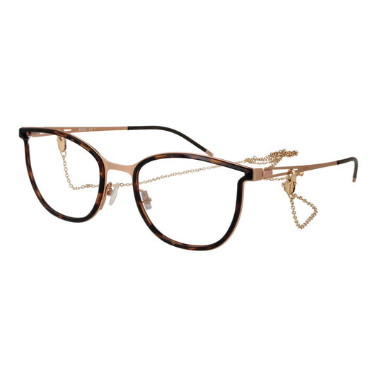 Hugo Boss Gold Stainless Steel Glasses (Frames) for women with full-rim butterfly style and eyewear chain, size 53-20-140.