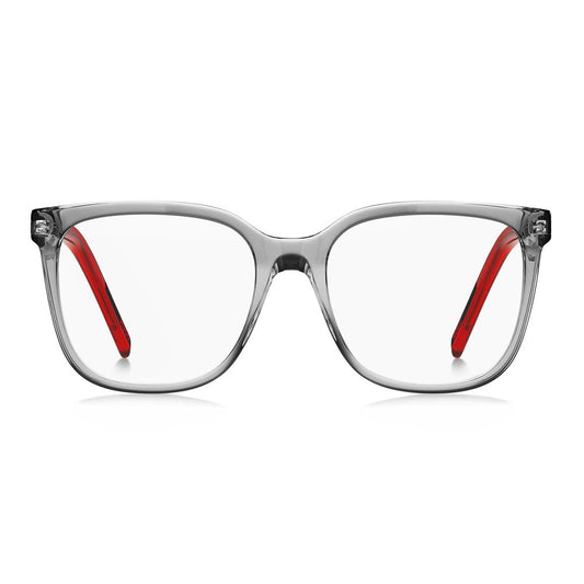 Hugo Boss Gray Acetate Frames for women, style HG1266268F217, with red temples and clear lenses, size 52/17/140mm.