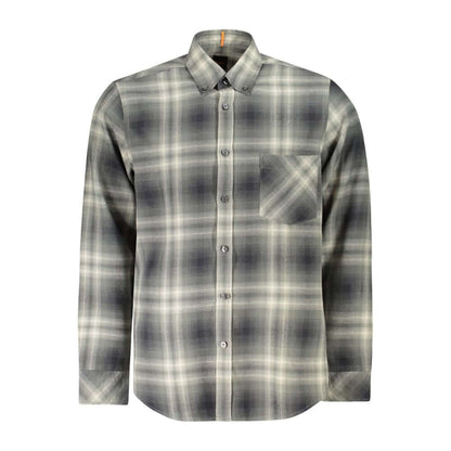 Hugo Boss Green Cotton Shirt with button down collar, one pocket, long sleeves, and contrasting details, made from recycled cotton.
