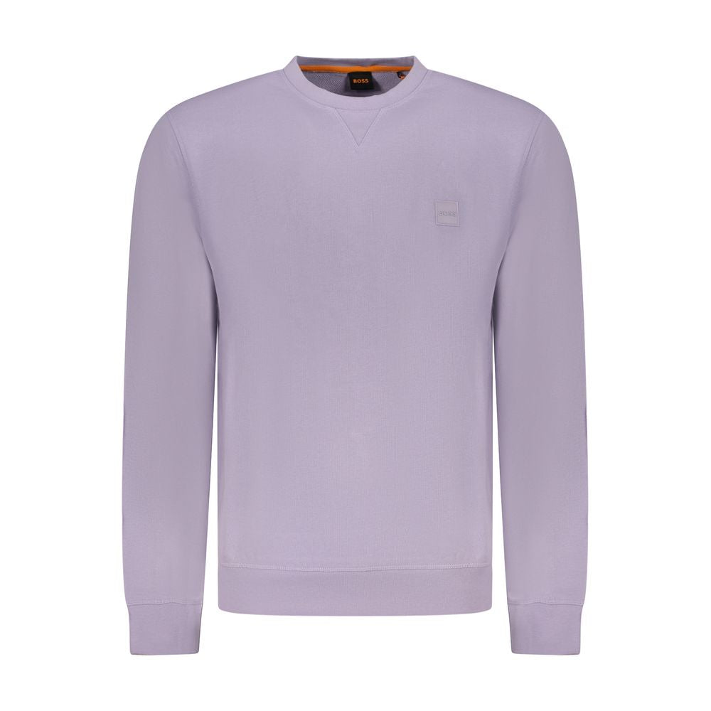 Hugo Boss Purple Cotton Men Sweater with long sleeves and crew neck, featuring stylish embroidery and logo details for a modern look.
