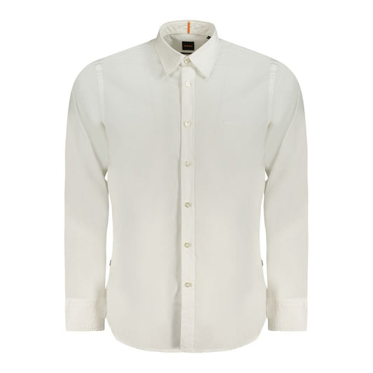 Hugo Boss White Cotton Men Shirt with Italian collar and logo embroidery, showcasing elegant craftsmanship and modern silhouette.