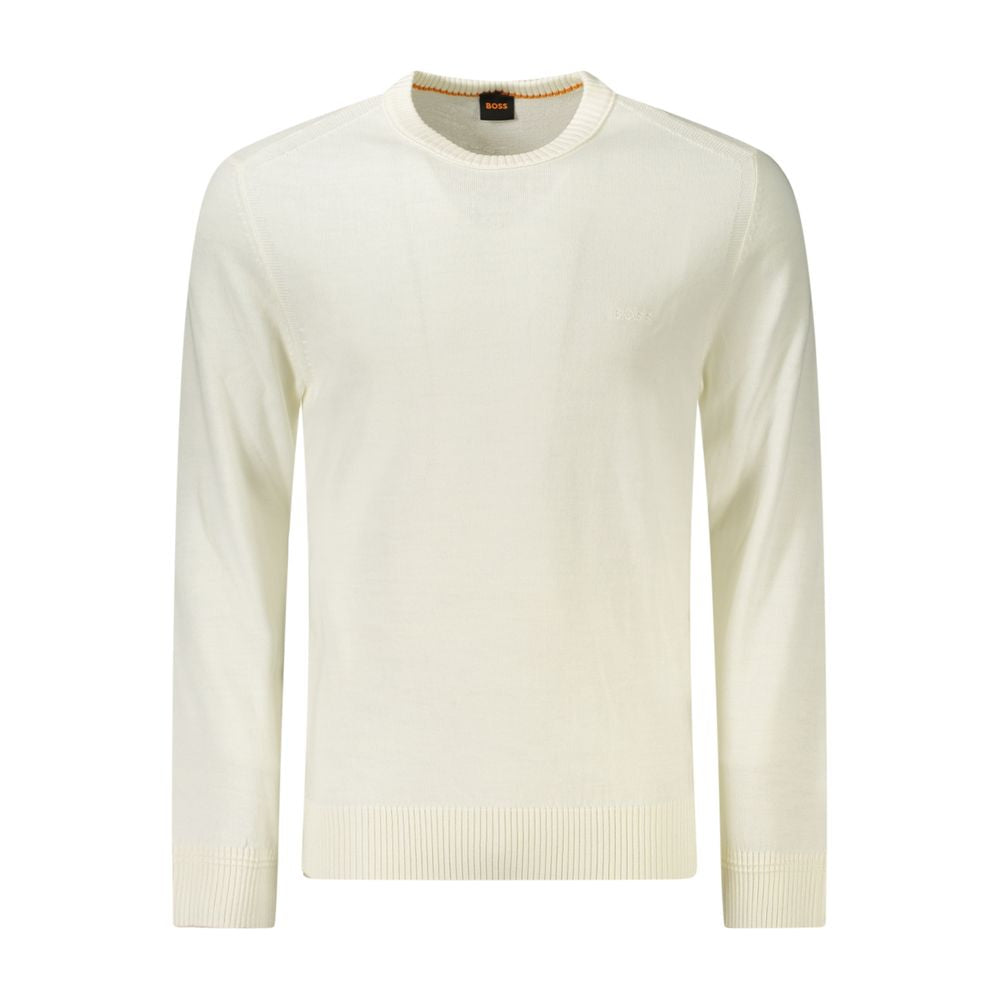 Hugo Boss White Wool Men Sweater with crew neck and embroidered logo, long sleeves, luxury knitwear blending wool and polyacrylic for comfort.