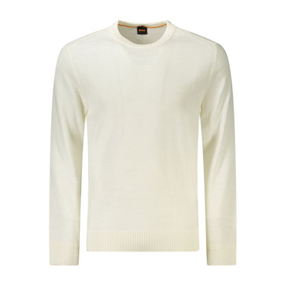 Hugo Boss White Wool Men Sweater with crew neck and embroidered logo, long sleeves, luxury knitwear blending wool and polyacrylic for comfort.