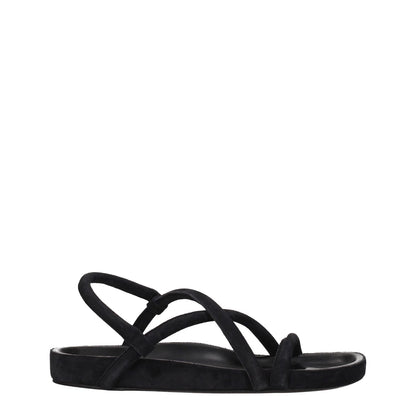 Isabel Marant Black Leather Flat Sandals with suede straps, open toe, casual style, and low heel, showcasing aged and vintage effects.