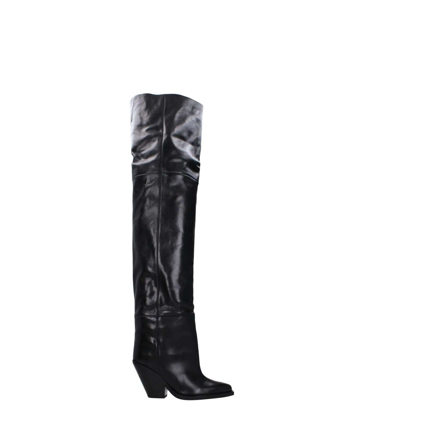 Isabel Marant Black Leather Over The Knee high-heeled casual boots, featuring square toe and leather sole, MPN CD0007FAA4A23S01BK.