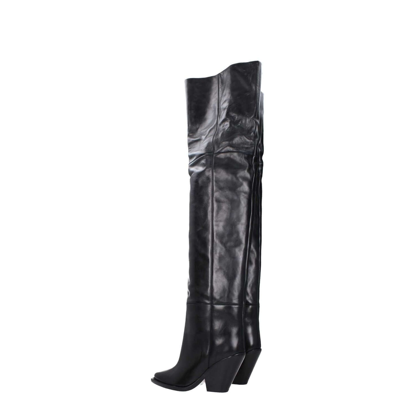 Isabel Marant Black Leather Over The Knee boots with high heel, square toe, and leather sole, product MPN CD0007FAA4A23S01BK.