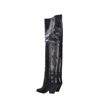 Isabel Marant Black Leather Over The Knee boots with high heel, square toe, and leather sole, product MPN CD0007FAA4A23S01BK.