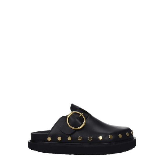 Isabel Marant Black Leather Slippers with studs and buckle closure, vintage effect, low flat heel, round toe, rubber sole