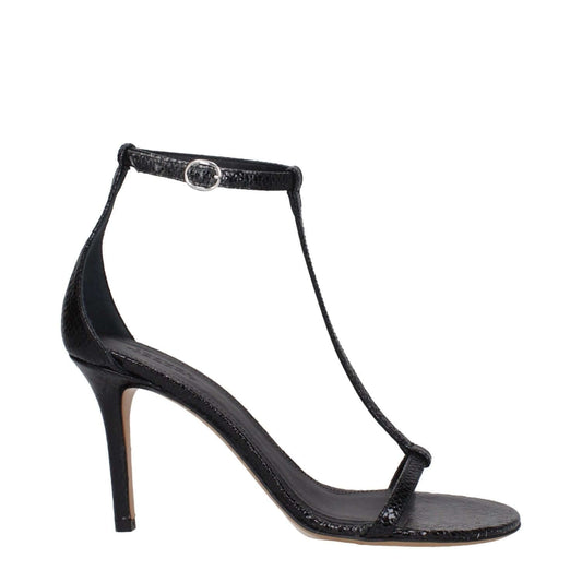 Isabel Marant Black Leather Stiletto Heel Sandals featuring buckle closure, open toe, and high heel with leather sole.