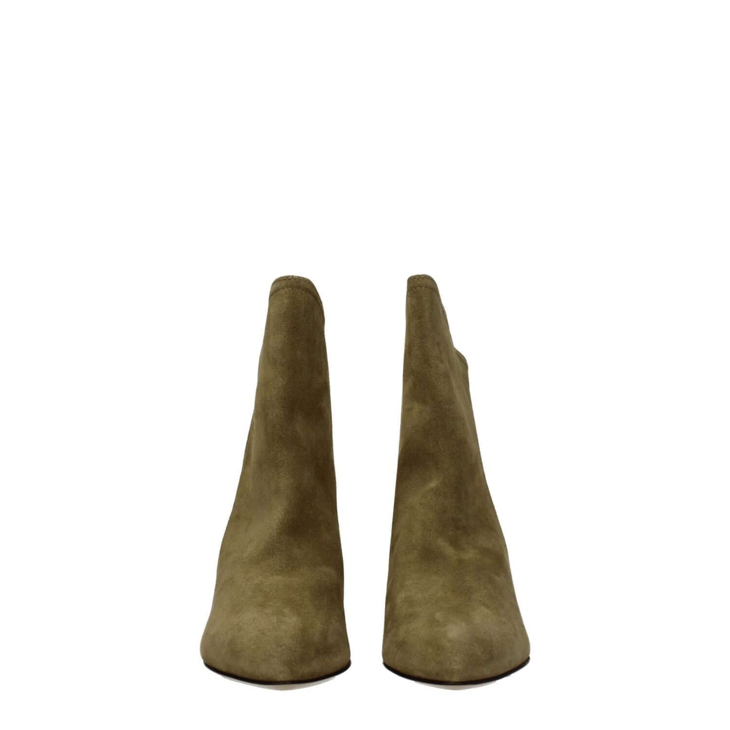 Front view of Isabel Marant Gray Leather Ankle Boots with pointy toe and mid heels, featuring gray suede and leather sole.