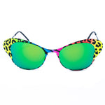 Italia Independent Multicolor Metal Sunglasses with vibrant yellow, blue, pink, and orange frames, and green lenses. Cat-eye shape.