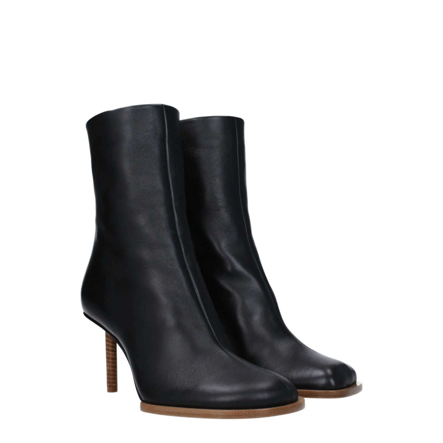 Jacquemus Black Leather Ankle Boots with high heel, square toe, and zip closure.