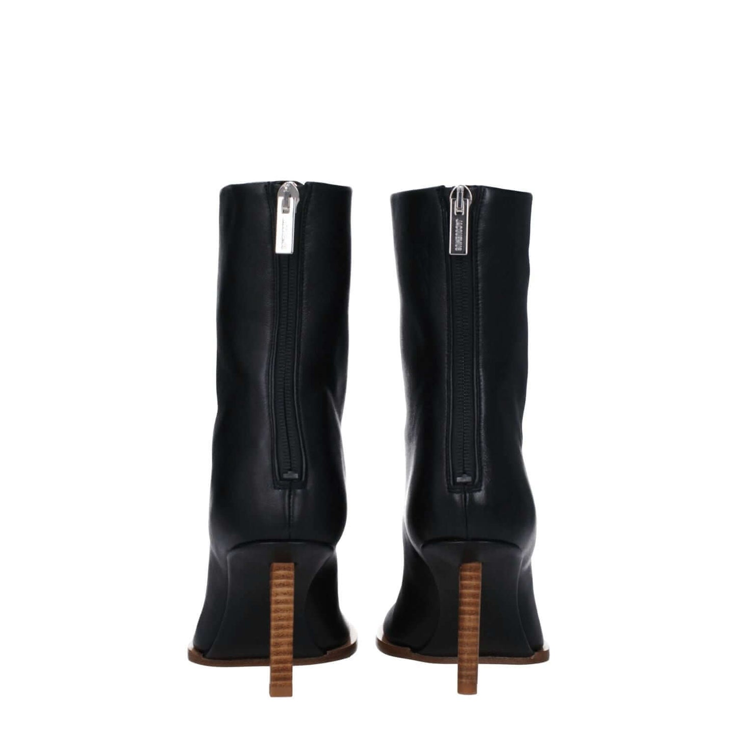Jacquemus Black Leather Ankle Boots with zip closure and high heels, view from the back showcasing square toe design.