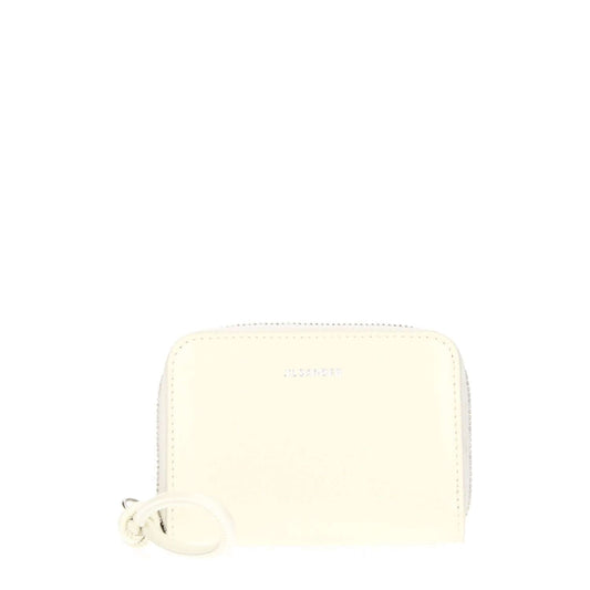 Jil Sander Beige Leather Wallet, zip closure, 7x10 cm, casual style, featuring front logo, product code F77198, secondary color milk.