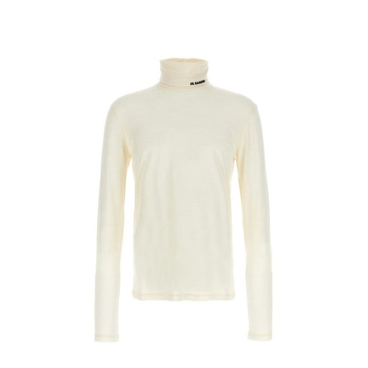 Jil Sander White Polyester Turtleneck with high neck, contrast logo, long sleeves, 55% polyester 45% virgin wool, size L, men’s fashion.